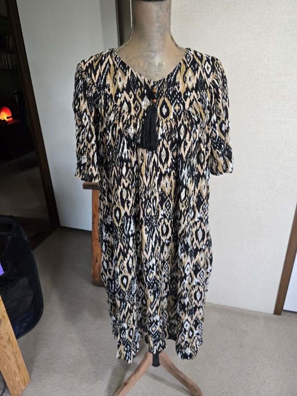 Go Softly Patio Small Muumuu House Dress Black Gold Ikat Rayon Boho Tassel